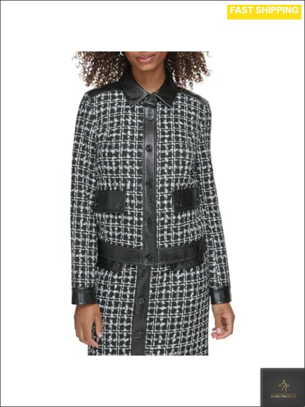 Tweed Faux Leather Jacket with Houndstooth Pattern, Notch Collar, Long Sleeve,